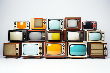 A collection of old vintage retro tv television sets in a stack