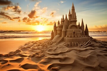 Illustration of a sand castle on a sunny beach, Generative AI
