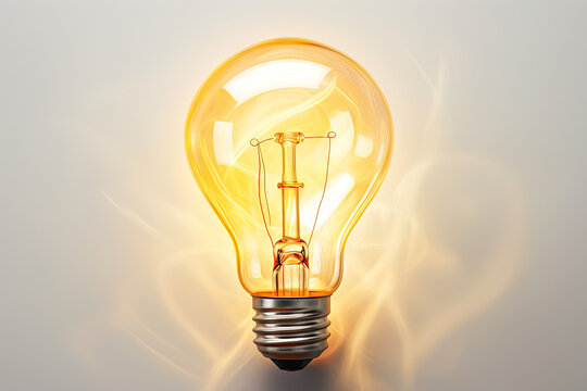 Lightbulb on a white wall, in the style of shaped canvas, raw energy, dark yellow, use of paper, digital illustration, white background