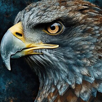 a majestic eagle's head against a vibrant blue backdrop