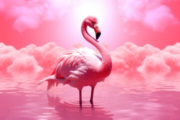 Illustration of a graceful pink flamingo standing in a serene body of water