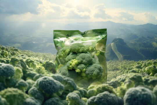 Riced Broccoli In Packet With Scene Of Broccoli Fields. Generative AI