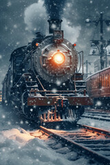 Fototapeta premium Snowy Arrival Vintage Steam Locomotive Enters Snow-Covered Station with Falling Snowflakes AI generated