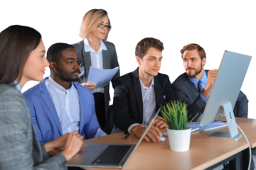 startup business team on meeting brainstorming, working on laptop and tablet computer on a transparent background