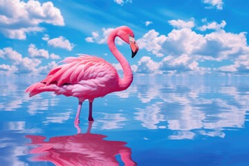a majestic pink flamingo gracefully standing in the shimmering water