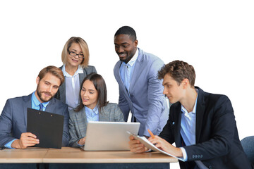 startup business team on meeting brainstorming, working on laptop and tablet computer on a...