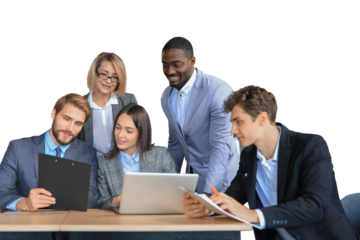 startup business team on meeting brainstorming, working on laptop and tablet computer on a transparent background