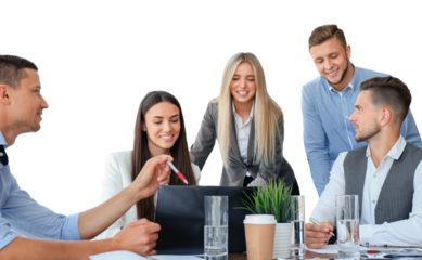 startup business team on meeting brainstorming, working on laptop and tablet computer on a transparent background