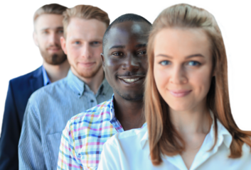 Happy smiling business team standing in a row on a transparent background