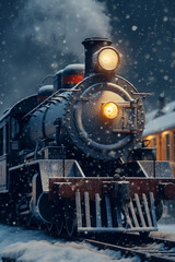 Snowy Arrival Vintage Steam Locomotive Enters Snow-Covered Station with Falling Snowflakes AI generated