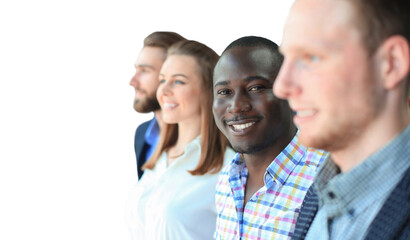 Happy smiling business team standing in a row on a transparent background