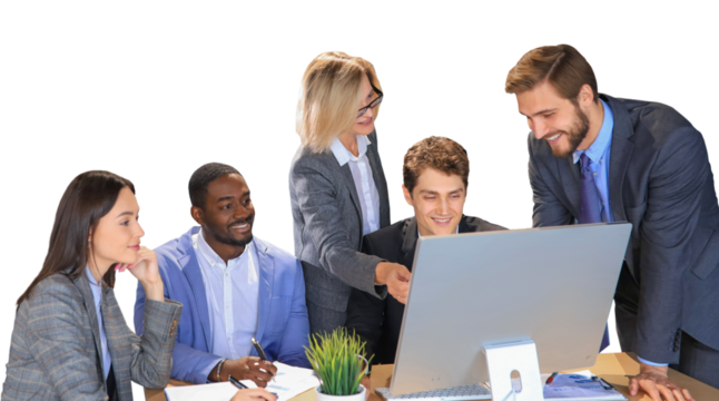 startup business team on meeting brainstorming, working on laptop and tablet computer on a transparent background