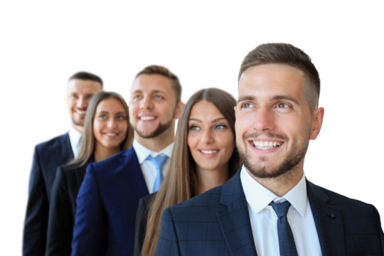 Happy smiling business team standing in a row on a transparent background