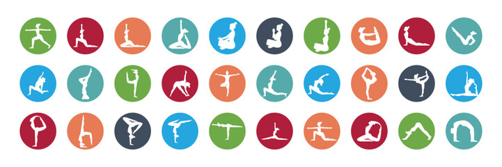Women silhouettes. Collection of yoga poses.	White woman in colored  circle.