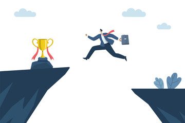 Brave business man overcome challenging risks drive towards goals and success, Businessman jumping over the abyss go for the Achievement Trophy. Vector design illustration.