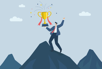 The greatest success of businessman raise the trophy, Businessman celebrate winning victory trophy on the top of mountain, Vector design illustration.