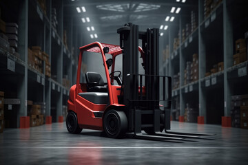Forklift inside storage hangar, Cardboard parcels on boxes in warehouse area, Delivery service warehouse.