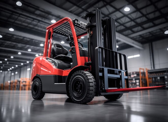 Forklift loading and unloading packaged goods in warehouse cargo storage, Logistics and transportation industrial concept..