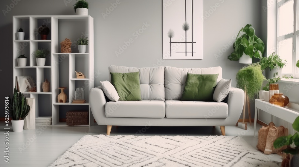 Wall mural Living room with cozy grey sofa in a loft style interior with potted plants, Cozy bright room, carpet.