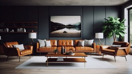 Home interior design mid century minimalist style with Leather and Wood material, Living room decor