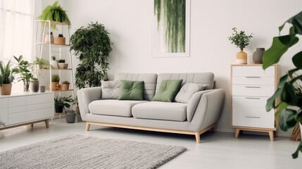 Living room with cozy grey sofa in a loft style interior with potted plants, Cozy bright room, carpet.