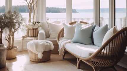Fototapeta na wymiar Luxurious living room with chairs on a sunny balcony overlooking the Sea.