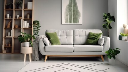 Stylish interior of living room with sofa and carpet, Modern room.