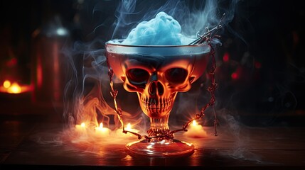 Halloween cocktail served in skull glass, adorned with ghostly mist