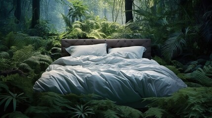 bed with white bedding in the forest - obrazy, fototapety, plakaty