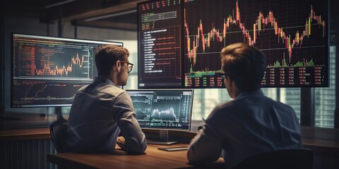 Crypto traders engrossed in discussing trading charts, research reports, and growth while analyzing strategies on their monitors, embodying the concept of financial risks. generative AI