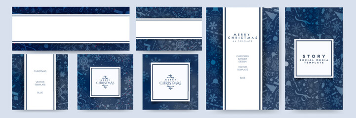 Set of Blue Gradient Christmas Background with Geometric White Spaces for texts and designs, decorated with Christmas elements. Greeting Card Posters, A4 Letter, Banners, Social Media Story Vertical.
