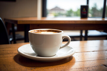 Realistic photo of a coffee cup on wood table in a coffee shop with cozy atmosphere