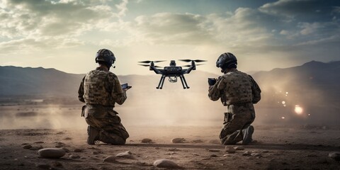 Two soldiers with their backs to the camera launch a full-size military combat drone into flight, ready for a critical mission. Generative AI