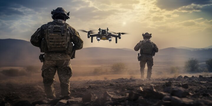 Two soldiers with their backs to the camera launch a full-size military combat drone into flight, ready for a critical mission. Generative AI