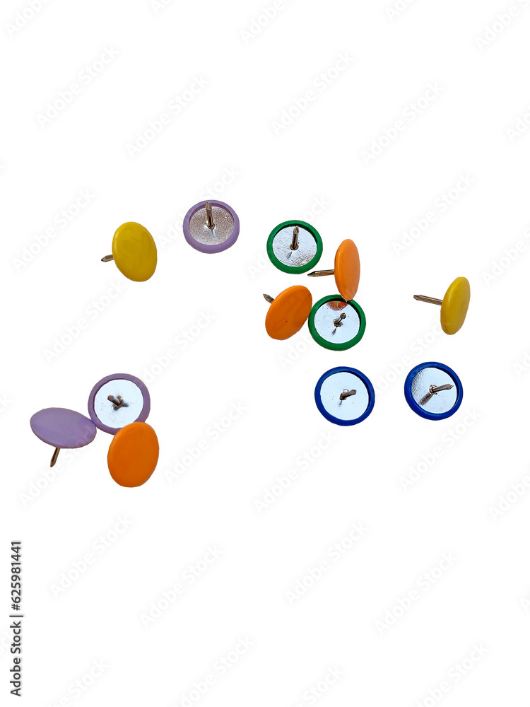 Fototapete set of objects of colored push pins for insertion, isolated objects on a white background. items for