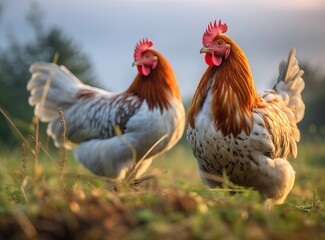 two chicken on green field near grass - Powered by Adobe