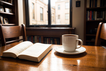 Realistic photo of a coffee cup and book on wood table in a coffee shop with cozy atmosphere