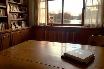 Realistic photo of book on wood desk in a library study room with cozy atmosphere