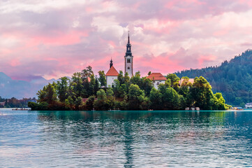 A view at sunset towards the island on Lake Bled in Bled, Slovenia in summertime
