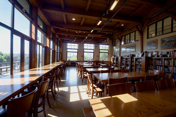 Realistic photo interior of wood table chairs with bright window lighty library study room