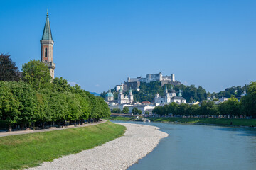 City of Salzburg, Austria, with Fortress Hohensalzburg and River Salzach