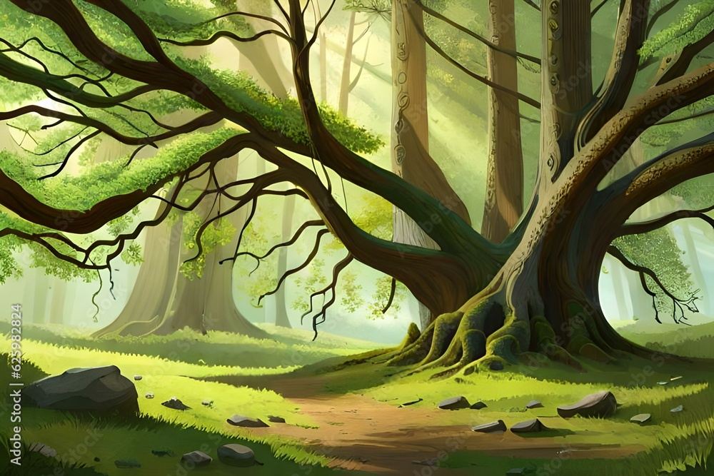 Poster a serene view of a tree in a tranquil landscape - ai generative