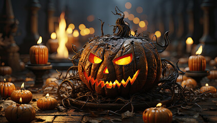 Fondo terrorifico de halloween con calabazas con caras illuminadas en el suelo de una calle vacia por la noche. Ilustración de IA generativa
