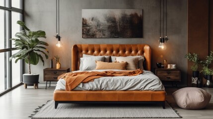 stylish room interior big comfortable bed