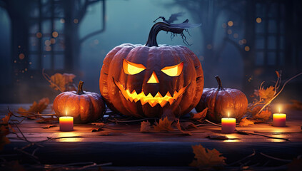 Fondo terrorifico de halloween con calabazas con caras illuminadas en un bosque. Ilustración de IA generativa