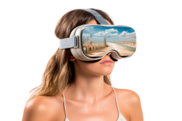 A young woman with a virtual reality mask. metaverse concept