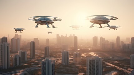Naklejka premium Eco friendly modern and futuristic air taxis flying in city. Generative AI.