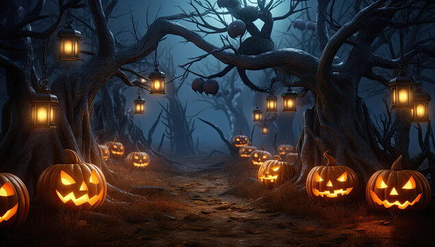 Fondo terrorifico de halloween con calabazas con caras illuminadas en un bosque. Ilustraci&oacute;n de IA generativa