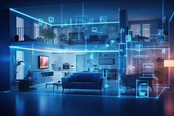 Interior of AI augmented reality smart home, Modern smart home components management system with artificial intelligence	
