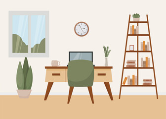 workspace room interior, flat style, cabinet, home office, modern interior, chair, desk, bookshelf, books, window, plant, laptop, mug, vector illustration
